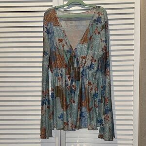 Light Blue Floral Patchwork Tie-Front Blouse